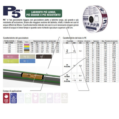 Manichetta irrigazione P5 - Ø 16 mm - portata 3,8 l/ora - passo 30 cm - spess. 18 mill - 1100 m - Irritec