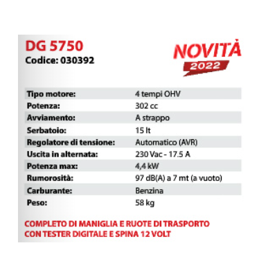 Generatore a Benzina 4 Tempi OHV 302 Cc - 4,4 Kw Mod. DG5750 - Ducar