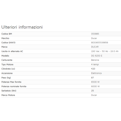 GENERATORE 4 TEMPI OHV 420 CC - 6,5 KW MOD. DG9250E - AVVIAMENTO ELETTRICO - DUCAR