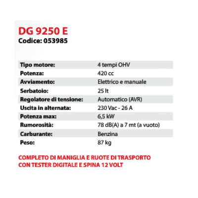 Generatore a Benzina 4 Tempi OHV 420 Cc - 6,5 Kw Mod. DG9250e - Ducar - Avviamento Elettrico