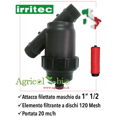 Filtro a Y da 1" 1/2 - 20 mc/h - elemento filtrante a DISCHI 120 mesh - IRRITEC