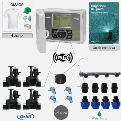 Kit irrigazione Prato Tappeto Erboso con elettrovalvole accessori e omaggi |2 - 4 - 6 - 8 - 10 - 12 zone| Orbit B-Hyve esterni